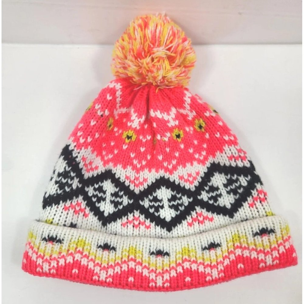 Old Navy Womens Beanie Hat Pom Pom Peach Pink Yellow Black Size Small
